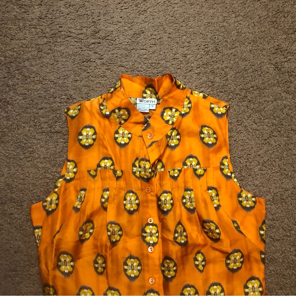 Worth Woman’s Blouse 6 Orange Brown Silk Polka Dat Ikat Sleeveless